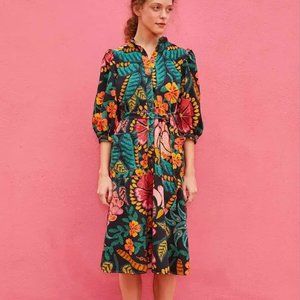 FARM Rio Black Flowerdoscopic Cotton Floral Print Midi Dress